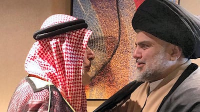 Iraqi Shiite cleric Moqtada Al Sadr meets with Sheikh Ahmed Al Kubaisi in Abu Dhabi.