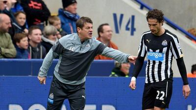 Newcastle interim manager John Carver confronts Daryl Janmat after the defender was sent off during the defeat to Leicester. Ross Kinnaird / Getty