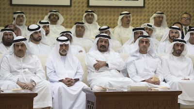 From right: Sheikh Nahyan bin Zayed, Chairman of the Board of Trustees of Zayed bin Sultan Al Nahyan Charitable and Humanitarian Foundation, Sheikh Saif, Deputy Prime Minister and Minister of Interior, Sheikh Saeed bin Mohamed Al Nahyan, Sheikh Nahyan bin Mubarak Al Nahyan, Minister of Culture and Knowledge Development, and Sheikh Humaid bin Ahmed bin Rashid Al Mualla at the lecture. Hamad Al Kaabi / Crown Prince Court - Abu Dhabi