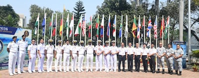 Sailors pose for a photo after taking part in multinational joint navy exercises in India. Photo: IFRMilan