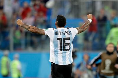 Argentina's Marcos Rojo, scorer of the decisive second goal, reacts after the final whistle of the Group D match against Nigeria. AP