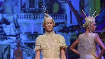 A structured bodice created a statement silhouette in this gown from the Amato spring / summer 2020 show during Fashion Forward Dubai on November 02, 2019. Getty Images