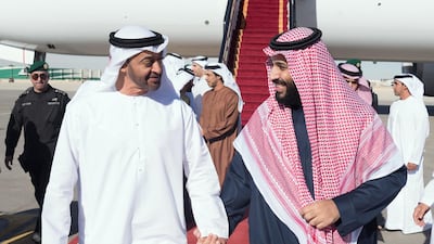 Sheikh Mohammed bin Zayed, Crown Prince of Abu Dhabi and Deputy Supreme Commander of the UAE Armed Forces, left, walks with Prince Mohammed bin Salman, Crown Prince, Deputy Prime Minister and Minister of Defence of Saudi Arabia, upon arriving at King Salman Airbase. Hamad Al Kaabi / Crown Prince Court - Abu Dhabi