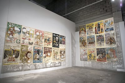 Ayman Yossri Daydban’s untitled installation of Egyptian cinema posters from the 1960s, at Refusing to Be Still, part of the 21,39 Jeddah art events. Photo by Willy Lowry