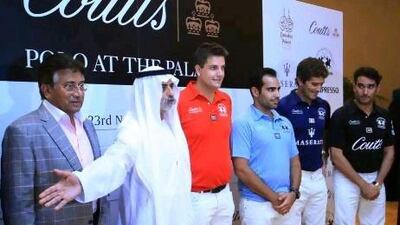 Sheikh Nahyan bin Mubarak makes a gesture at the draw ceremony of the City Polo Series which was attended by Pervez Musharraf, the former Pakistan president, and the four captains.