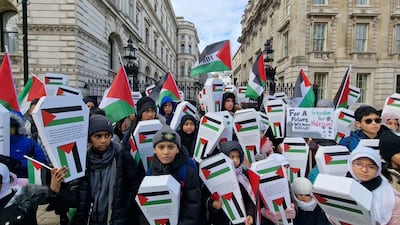 Mothers and their children demonstrate outside Downing Street in London over the deaths of Palestinian children in Gaza. Photo: Friends of Al Aqsa