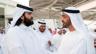 Sheikh Mohammed bin Zayed bids farewell to Sheikh Sultan bin Suhaim, after a meeting at a Sea Palace barza. Ryan Carter for the Crown Prince Court - Abu Dhabi