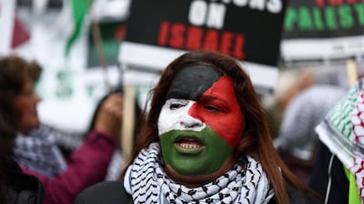 People take part in a 'March For Palestine' in London, to demand an end to the war on Gaza. AFP