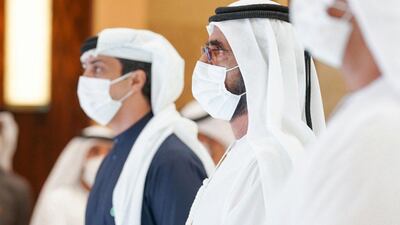 Sheikh Mohammed bin Rashid, Prime Minister and Ruler of Dubai, and Sheikh Mansour bin Zayed, Deputy Prime Minister and Minister of Presidential Affairs, launch the National Policy for Quality of Digital Life on Monday. Courtesy: Dubai Media Office