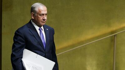 Israeli Prime Minister Benjamin Netanyahu preparing to speak at the UN General Assembly on September 27. Justin Lane / EPA