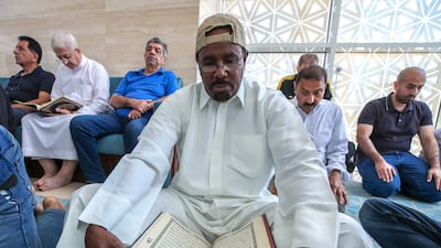 Worshippers pray at the mosque