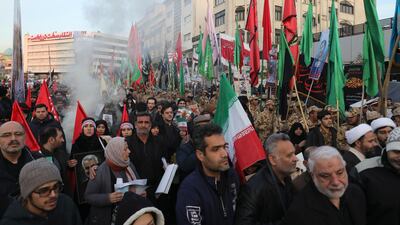 Mourners attend a funeral ceremony for Qassem Suleimani and his comrades, who were killed in Iraq, at the Enqelab-e-Eslami (Islamic Revolution) square in Tehran, Iran. AP Photo