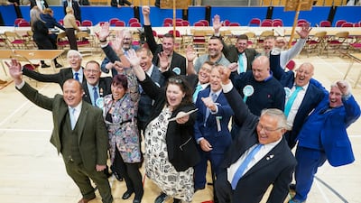 Reform UK councillors react after winning seats in all of the 12 contested wards in the Hartlepool local election. Getty Images
