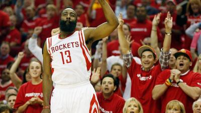 James Harden reacts after making a three-point shot in his team's NBA play-offs win over the Dallas Mavericks on Saturday. Scott Halleran / Getty Images / AFP / April 18, 2015