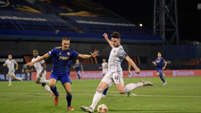 Declan Rice of West Ham scores their second goal in their Europa League away match against Dinamo Zagreb in Croatia on Thursday. Getty