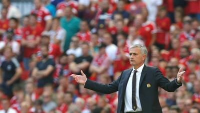 Jose Mourinho gestures from the touchline during the Community Shield between Manchester United and Leicester City on August 7, 2016. AFP