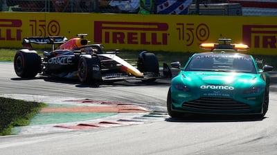 Red Bull driver Max Verstappen of the Netherlands steers his car behind safety car during the Italian Grand Prix at the Monza racetrack, in Monza, Italy, Sunday, Sept. 11, 2022. (AP Photo / Luca Bruno)