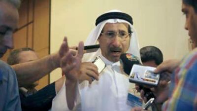 The Central Bank governor, Sultan bin Nasser al Suwaidi, answers press questions after a conference with representatives from financial institutions from around the world at Le Royal Meridian Hotel, in Abu Dhabi on Oct 27 2008.