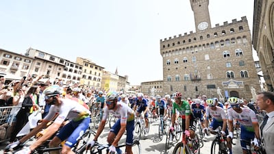 Riders get ready at the Piazza della Signoria in Florence before the start of Stage 1. EPA