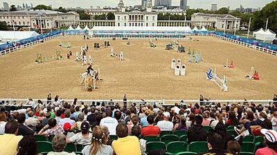 Greenwich Park in London makes for a pretty backdrop as Italy's Claudia Cesarini navigates the show jumping section during the Modern Pentathlon World Cup Finals on Sunday.