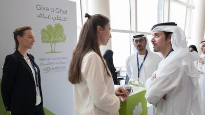 Sheikh Hazza bin Zayed, Vice Chairman of the Abu Dhabi Executive Council, speaks with a participant at the symposium. With them is Hussain Ibrahim Al Hammadi, Minister of Education. Omar Al Askar for The Crown Prince Court - Abu Dhabi
