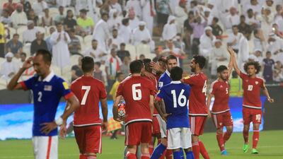 UAE team celebrates after scoring against Malaysia. Ravindranath K / The National