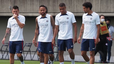 Paris Saint-Germain's Lionel Messi, Neymar, Kylian Mbappe and Marquinhos enter the pitch. AFP