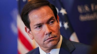 US Secretary of State Marco Rubio speaks with members of the media before departing from Bahrain International Airport in Manama on June 25, 2026. AFP