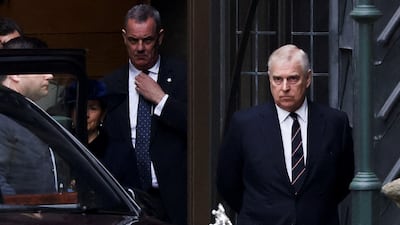 Prince Andrew, Duke of York, stands outside Westminster Abbey after a service of thanksgiving for the late Prince Philip in London. Reuters