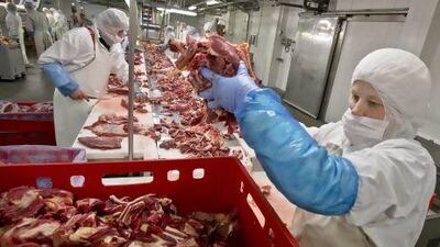 A worker handles meat at the Doly-Com abattoir, one of the two units checked by Romanian authorities in the horse meat scandal, in the village of Roma, northern Romania.