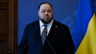 Speaker of Ukrainian Parliament Ruslan Stefanchuk during a press conference in Paris. AFP