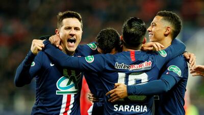 PSG players celebrate after their third goal scored by Thiago Silva. Reuters
