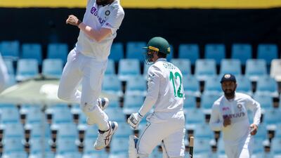 India pacer Mohammed Siraj leaps as he celebrates after bowling South Africa's batsman Quinton de Kock. AP