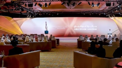 Sheikh Mohamed bin Zayed, Crown Prince of Abu Dhabi and Deputy Supreme Commander of the UAE Armed Forces, delivers a speech during the Abu Dhabi Award winners during the awards ceremony at Emirates Palace. Rashed Al Mansoori / Crown Prince Court - Abu Dhabi