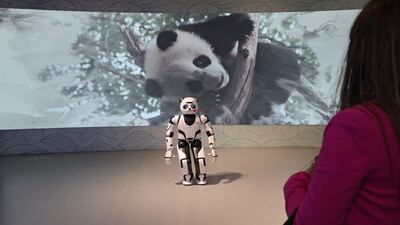People watch a panda robot at the China pavilion. AFP