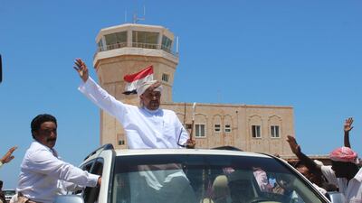 Sheikh Abdullah Al Afra greets his followers at the airport on Socotra. Courtesy Shadiah Abdullah Al Jabry