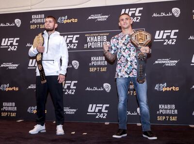 Khabib Nurmagomedov and Dustin Poirier on stage during the media day for UFC 242. Victor Besa / The National