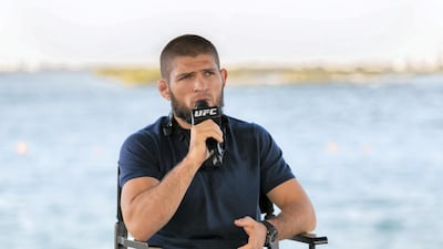 Khabib Nurmagomedov answers a reporter's question.