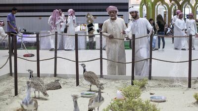 Visitors looking at the Houbara bird at the International fund of Houbara Conservation stand in ADIHEX. Mona Al Marzooqi / The National