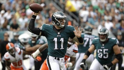Philadelphia Eagles quarterback Carson Wentz passes during the first half of an NFL football game against the Cleveland Browns, Sunday, September 11, 2016, in Philadelphia. Matt Rourke / AP Photo