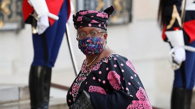 World Trade Organisation (WTO) Director-General Mme Ngozi Okonjo-Iweala arrives for a dinner with French President Emmanuel Macron and leaders of African states and international organisations on the eve of a summit on aid for Africa, at Elysee Palace in Paris, France. Reuters