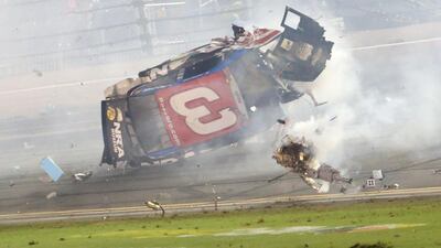 Austin Dillon's No 3 Bass Pro Shops Chevrolet flips after the chequered flag on Monday morning at the Nascar Coke Zero 400 in Daytona Beach, Florida. Chris Graythen / Getty Images / AFP