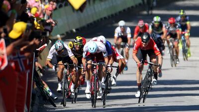Peter Sagan of Slovakia riding for Bora-Hansgrohe and Mark Cavendish of Great Britain riding for Team Dimension Data are involved in a crash near the finish line during Stage 4 of the 2017 Le Tour de France, a 207.5km stage from Mondorf-les-Bains to Vittel on July 4, 2017 in Vittel, France.