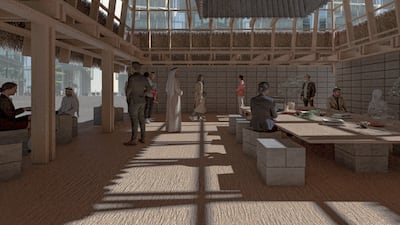 A rendering depicting the redesigned concept of the housh, made with stone walls, arish fronds and corrugated steel. Photo: Dubai Design Week