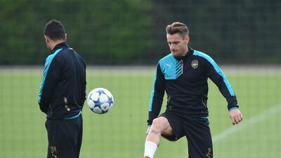 Arsenal's Aaron Ramsey shown on Monday during the team training session ahead of Tuesday's Champions League match against Olympiakos. Olly Greenwood / AFP
