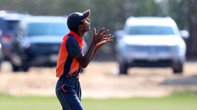 Warriors' Vian Pais catches Legend's Abdul Rashid in the game between Legend v Simply Warriors in the Gulf Cup. Sunday, December 13, 2020 in Ajman. Chris Whiteoak / The National