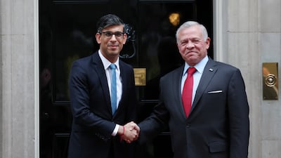 British Prime Minister Rishi Sunak, left, welcomes King Abdullah of Jordan to 10 Downing Street in London on February 15. EPA