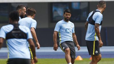 Manchester City’s Sergio Aguero (C) in action during training ahead of their International Champions Cup match at the Olympic Sports Center in Beijing, China, 24 July 2016. Rolex Dela Pena / EPA