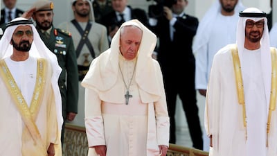Sheikh Mohammed bin Rashid and Sheikh Mohamed bin Zayed welcome Pope Francis at the Presidential Palace in Abu Dhabi in February 2019. Reuters