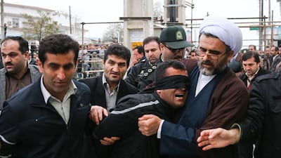 Balal, who killed an Iranian youth Abdolah Hosseinzadeh in a street fight with a knife in 2007, is brought to the gallows during his execution in the northern city of Nowshahr.
